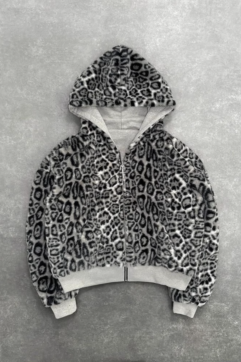Reversible Leopard Print Zip Loose Vintage Hoodie