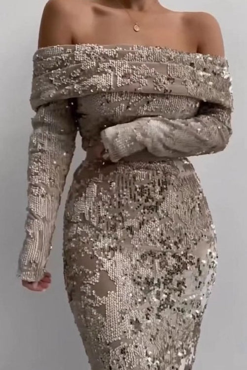 Sequin Off Shoulder Long Sleeve Bodycon Maxi Formal Dress