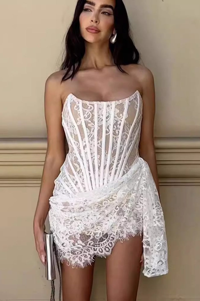 Sheer Lace Corset Strapless Ruched Bodycon Mini Party Dress - View 3
