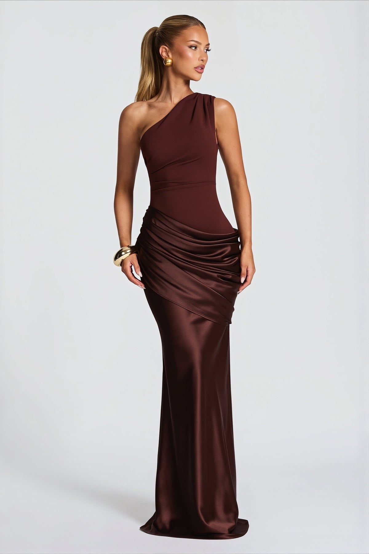 One Shoulder Draped Satin Fishtail Maxi Gown 2
