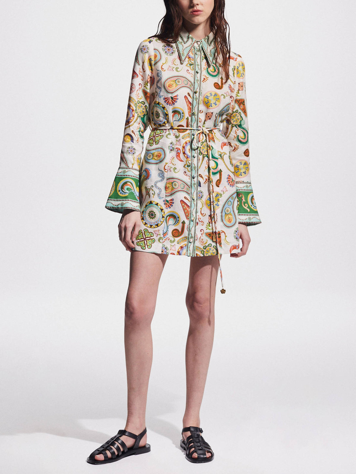 Paisley Print Collar Long Sleeve Belted Shirt Dress 5