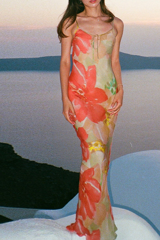 Floral Print Scoop Neck Tie Front Slip Maxi Dress