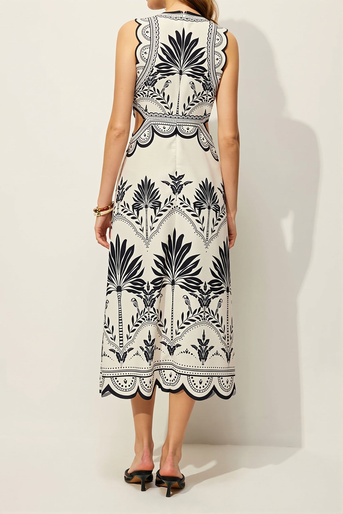 Palm Print Cut Out High Neck A-Line Midi Dress
