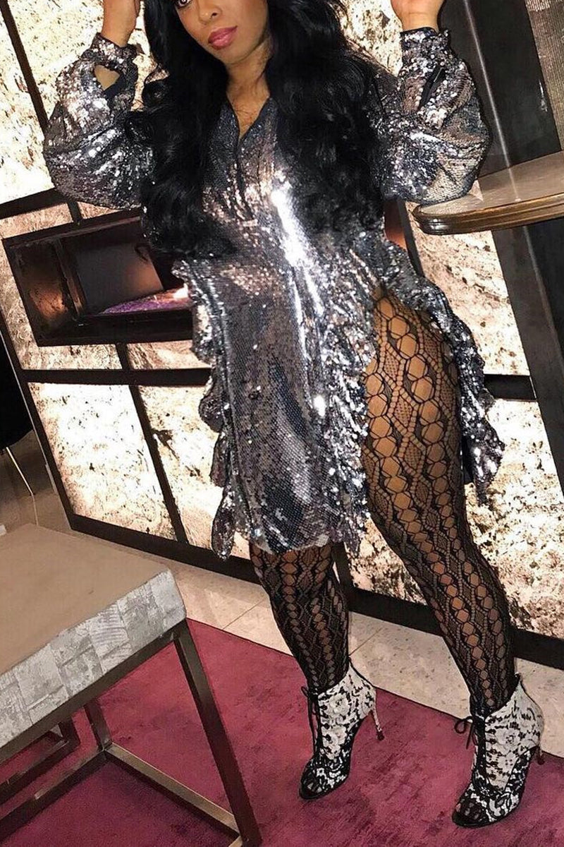 Plus Size Reflective Puff Sleeves Split Mini Dress Fashionpara