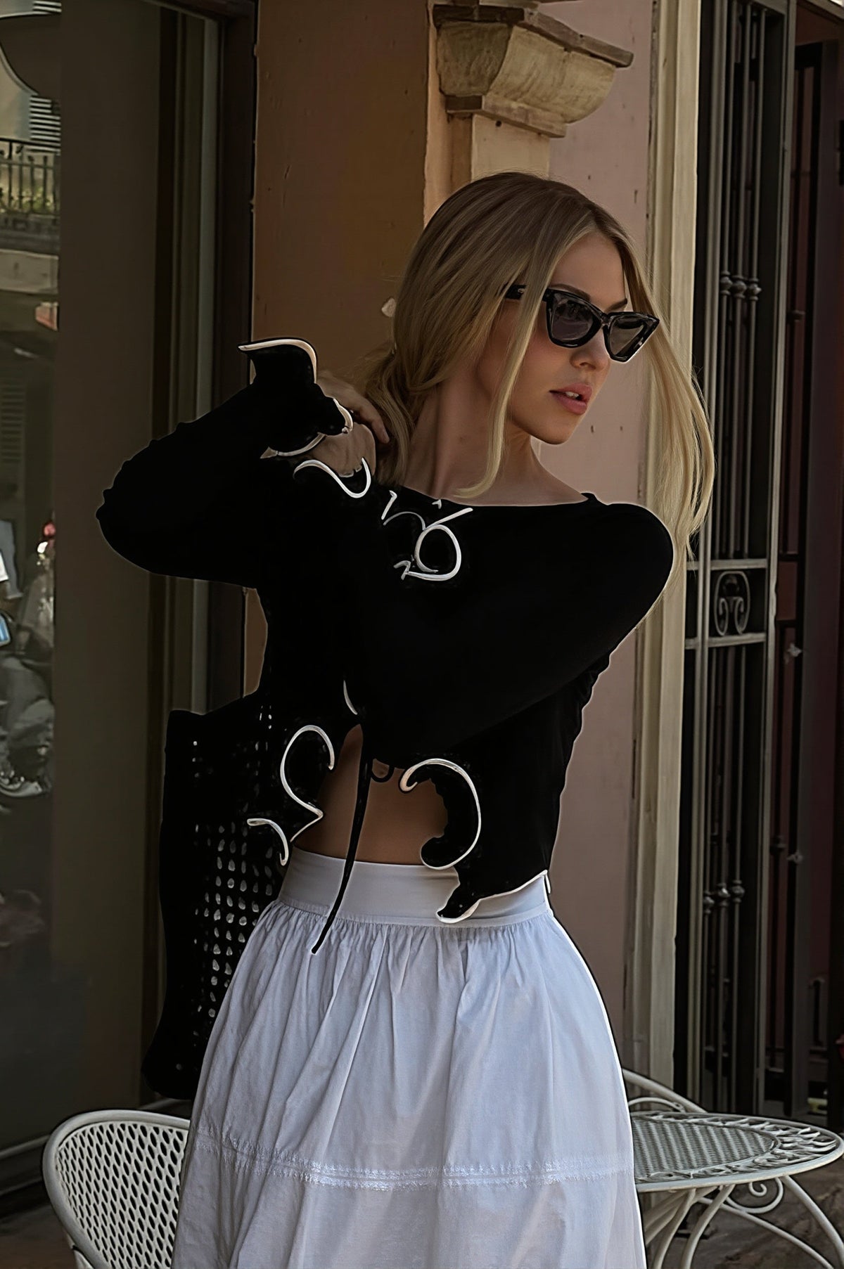 Tie Contrast Ruffle Cropped Cardigan