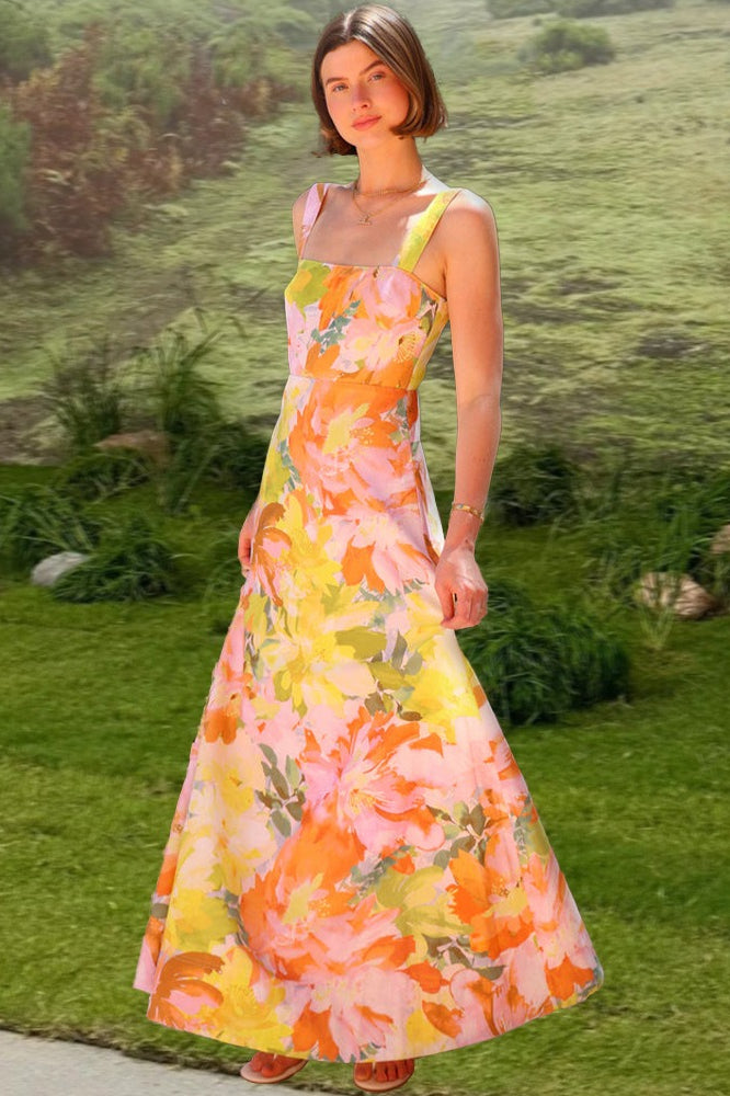 Floral Print Square Neck A-Line Maxi Dress