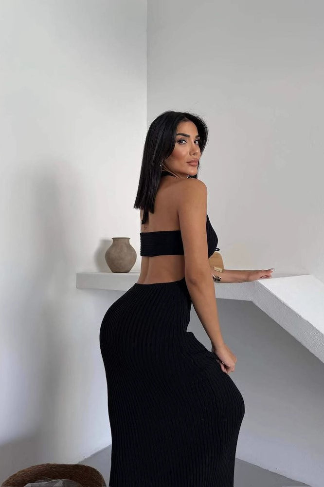 Crochet Knit Halter Neck Cut-Out Maxi Dress