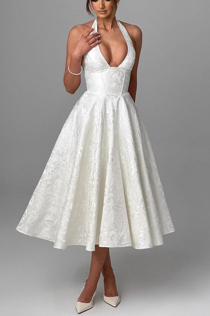 Halter Deep V-Neck Corset Jacquard Fit and Flare Midi Dress - View 3