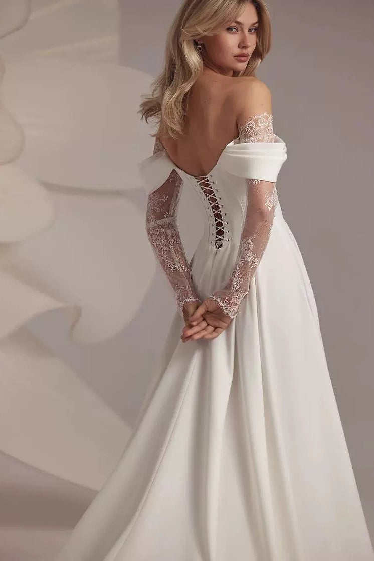 Off-Shoulder Long Sleeve Lace A-Line Wedding Gown