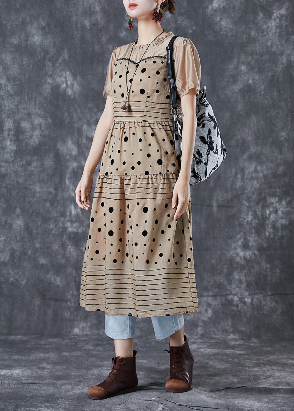 Polka Dot Stripe Patchwork Ruffle Neck Short Sleeve Tiered Midi Dress - View 3