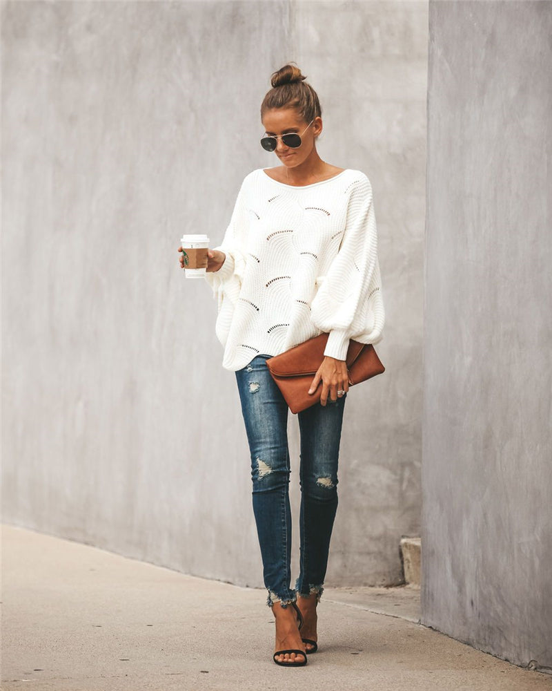 Lantern Sleeve Wide Neck Loose Sweater  Fashionpara