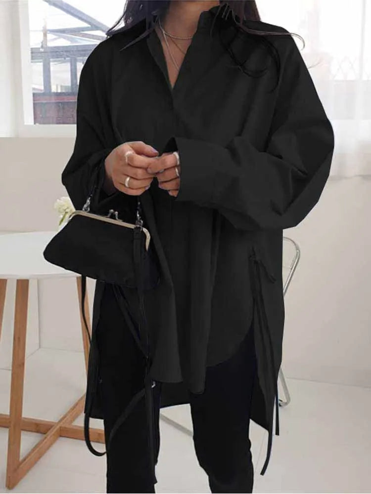 Asymmetrical Lace-Up Button Lapel Blouse