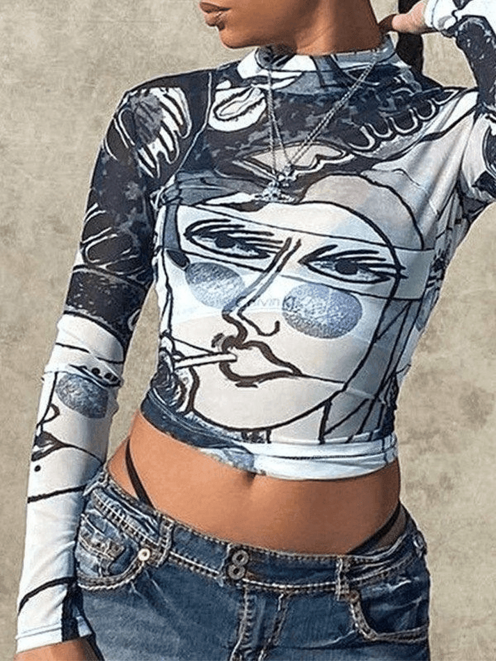 Abstract-Print Mock-Neck Long-Sleeve Mesh Crop Top