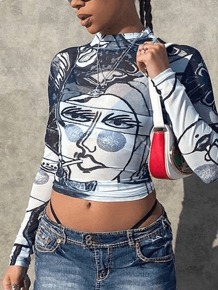 Abstract-Print Mock-Neck Long-Sleeve Mesh Crop Top 2