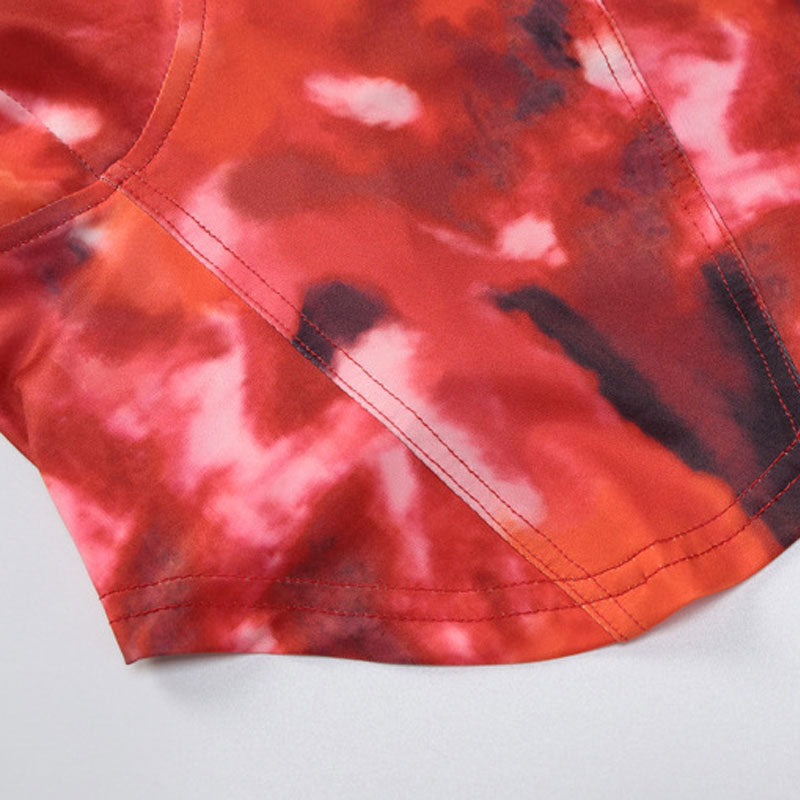 Abstract Tie Dye Print Lace Up Back Underwire Crop Corset Top - Red - Fashionpara