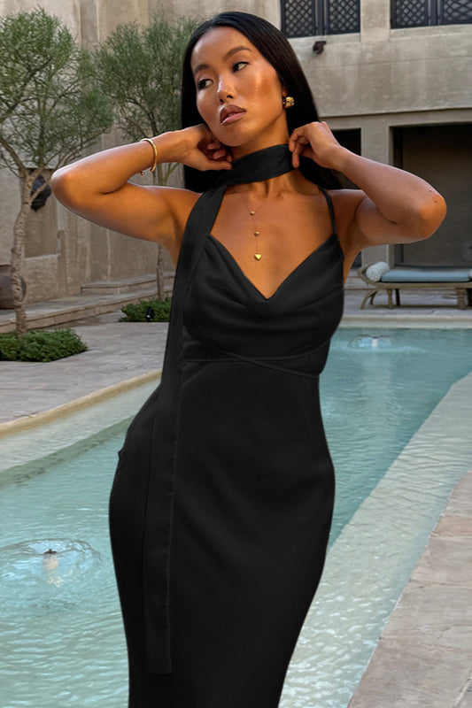 Fashionable Satin Tie Cami Bodycon Party Dress