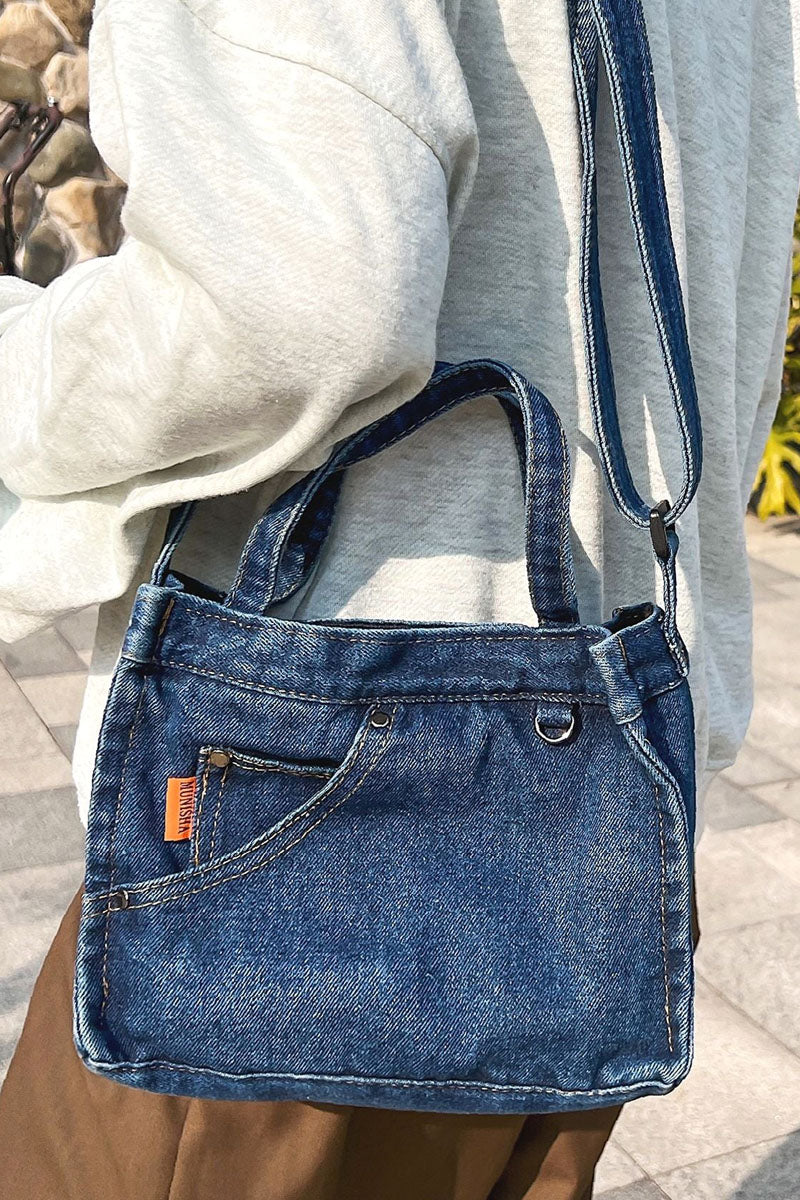 Letter Detail Denim Square Bag - Fashionpara
