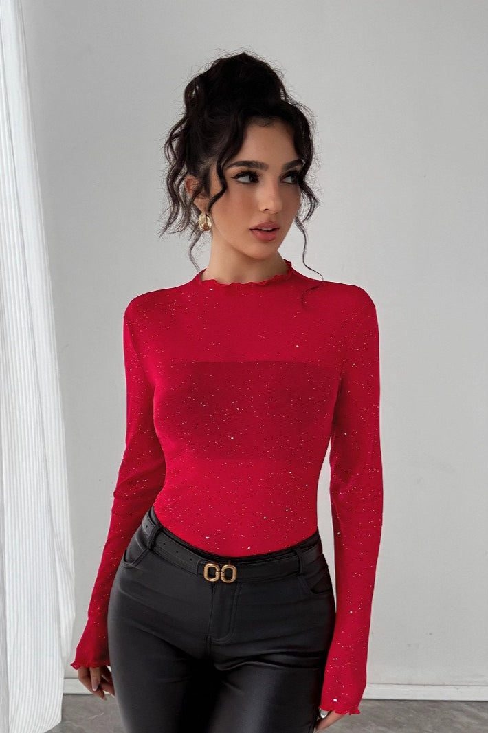 Sequin Slim Fit Long Sleeve Blouse