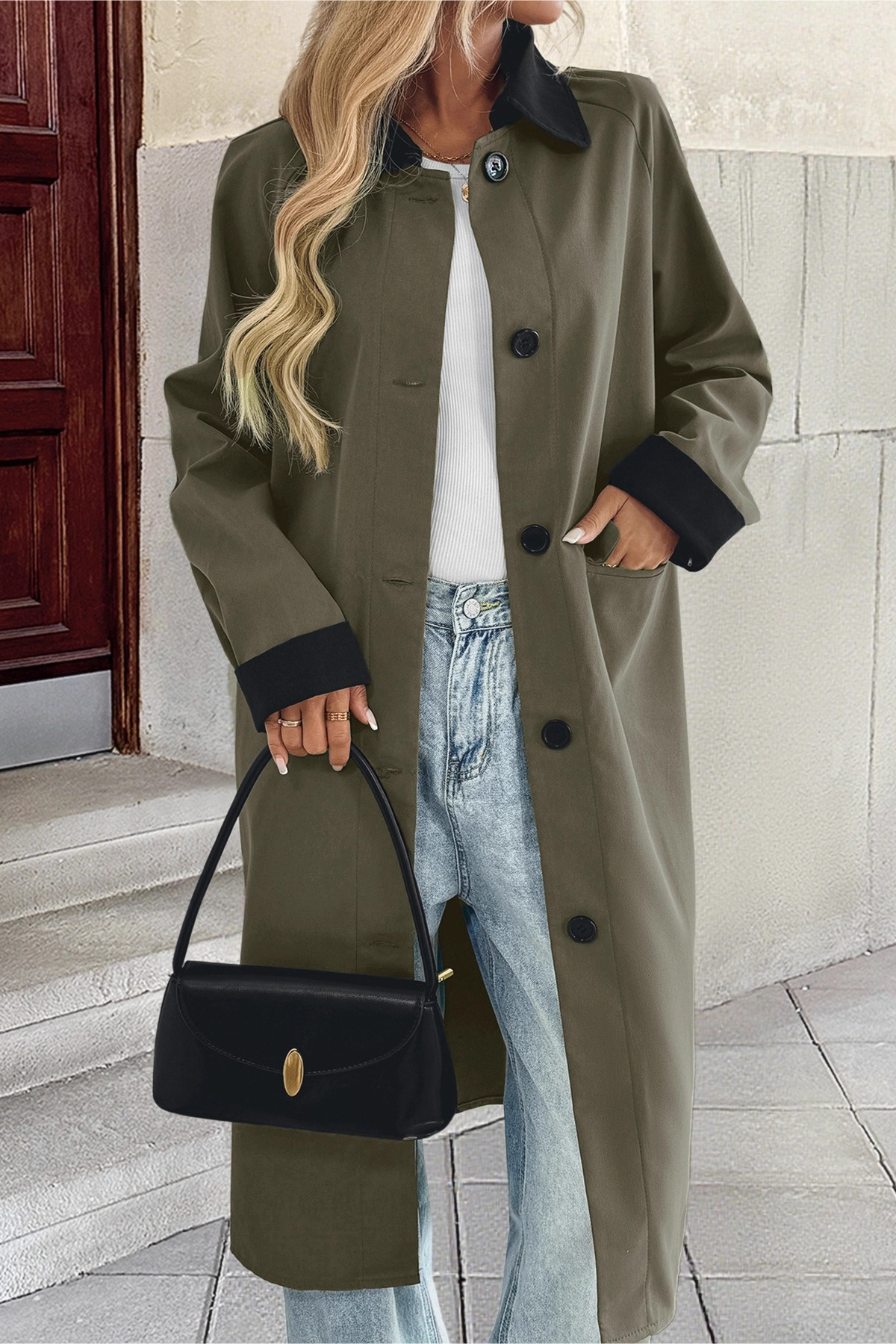 Lapel Color Block Single Breasted Long Office Casual Overcoat - Fashionpara