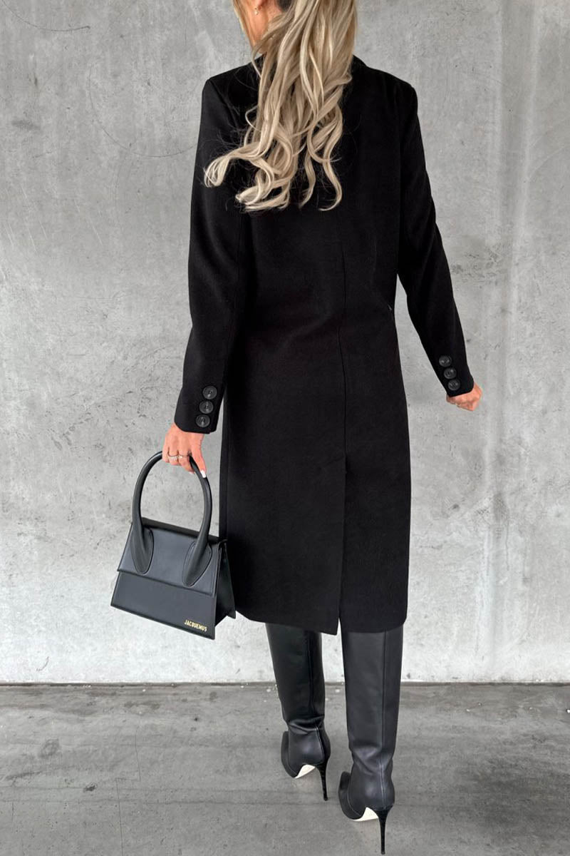 Solid Color Long Sleeve Double Breasted Coat with Pockets - Fashionpara