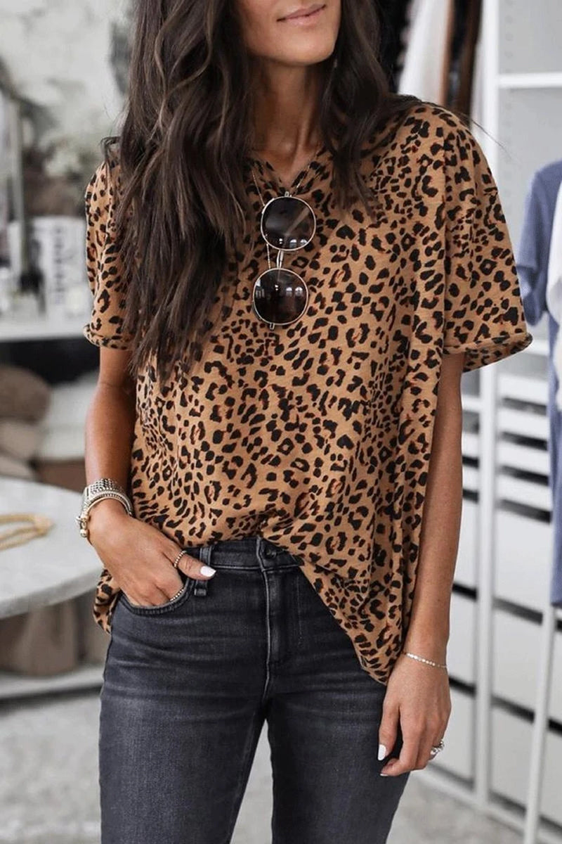 O Neck Daily Basic Leopard Print Brown T-shirt Fashionpara