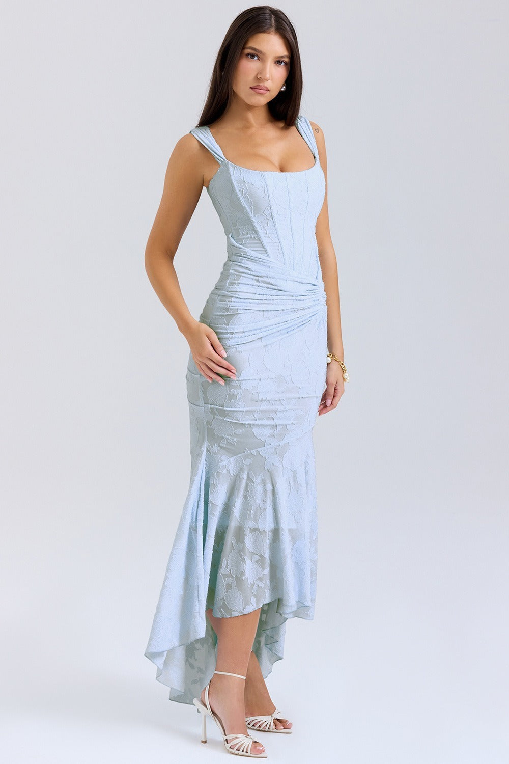 Jacquard Square Neck Corset Ruched Mermaid Gown - View 3