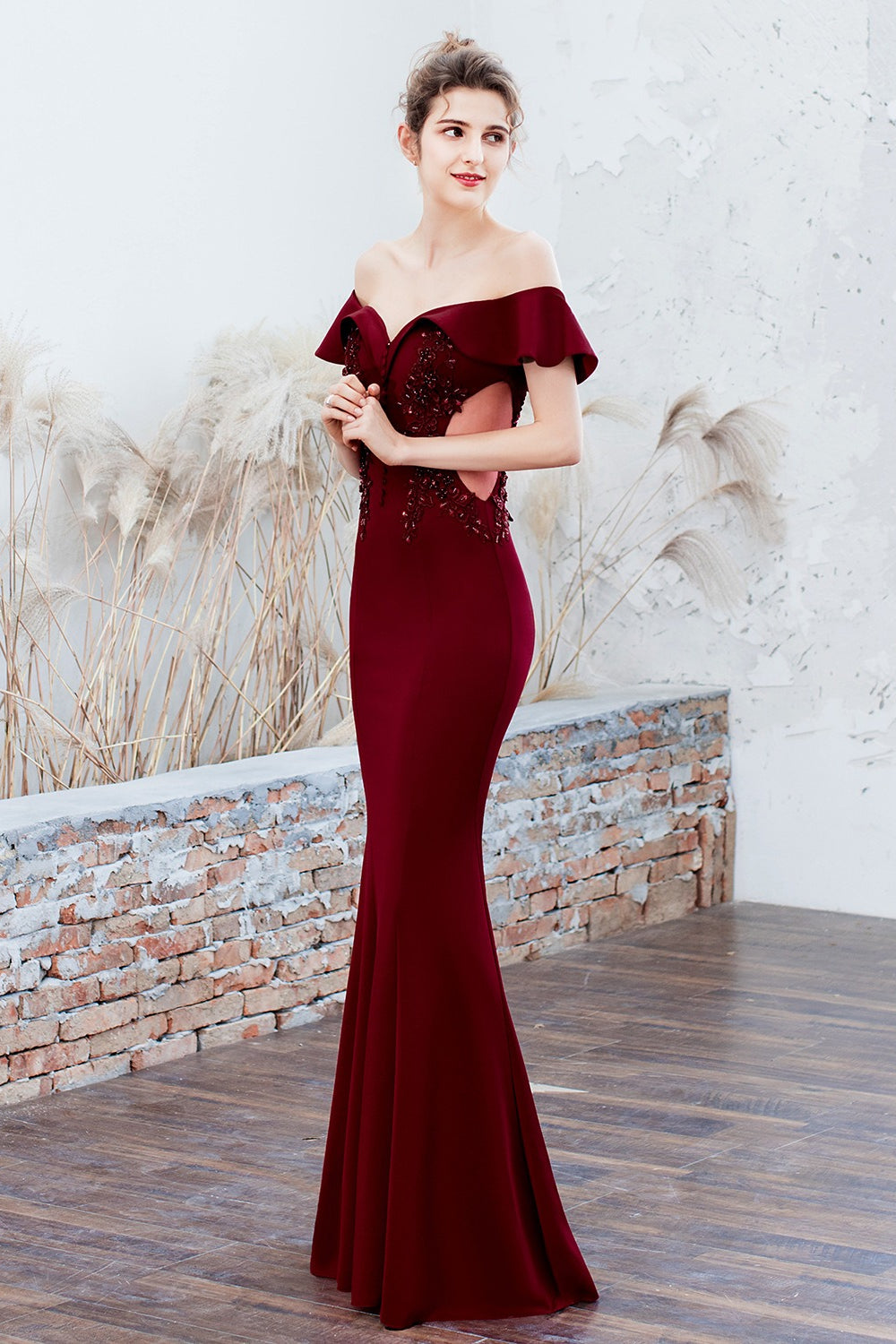 Off Shoulder Ruffle Beaded Mermaid Formal Gown - View 8