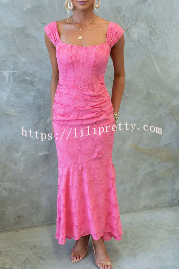 Unreal Beauty Floral Textured Material Ruched Fishtail Maxi Dress - Fashionpara