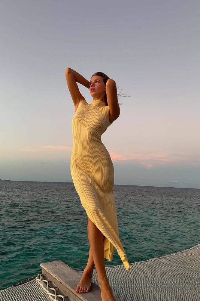Ribbed Knit High Neck Sleeveless Slit Maxi Dress