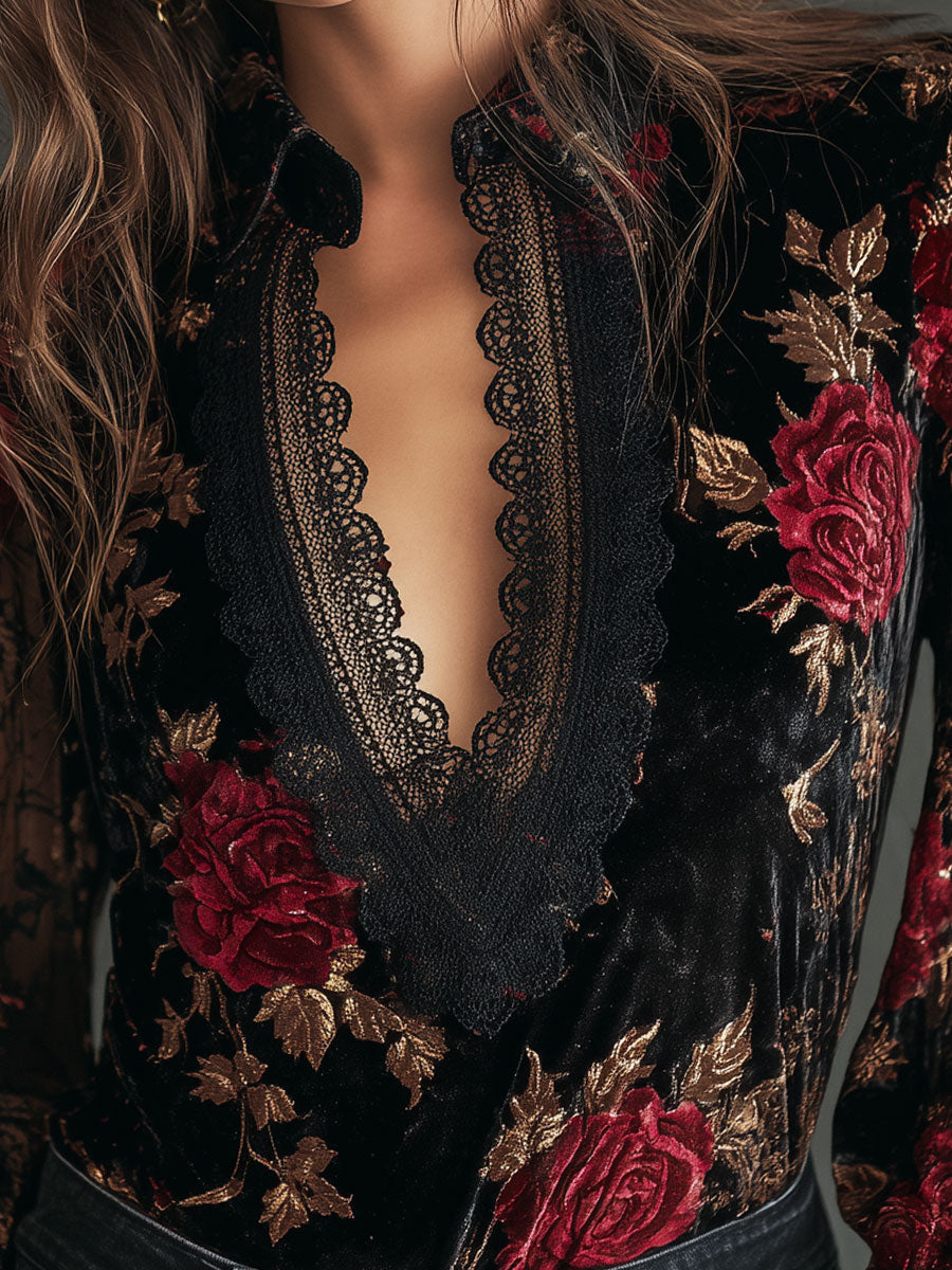 Retro Lace Stitching Velvet Rose Print Lantern Sleeves Blouse - Fashionpara