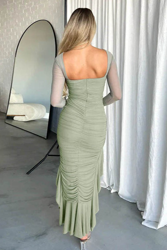 Mesh Ruffled Ruched Backless Midi Dress