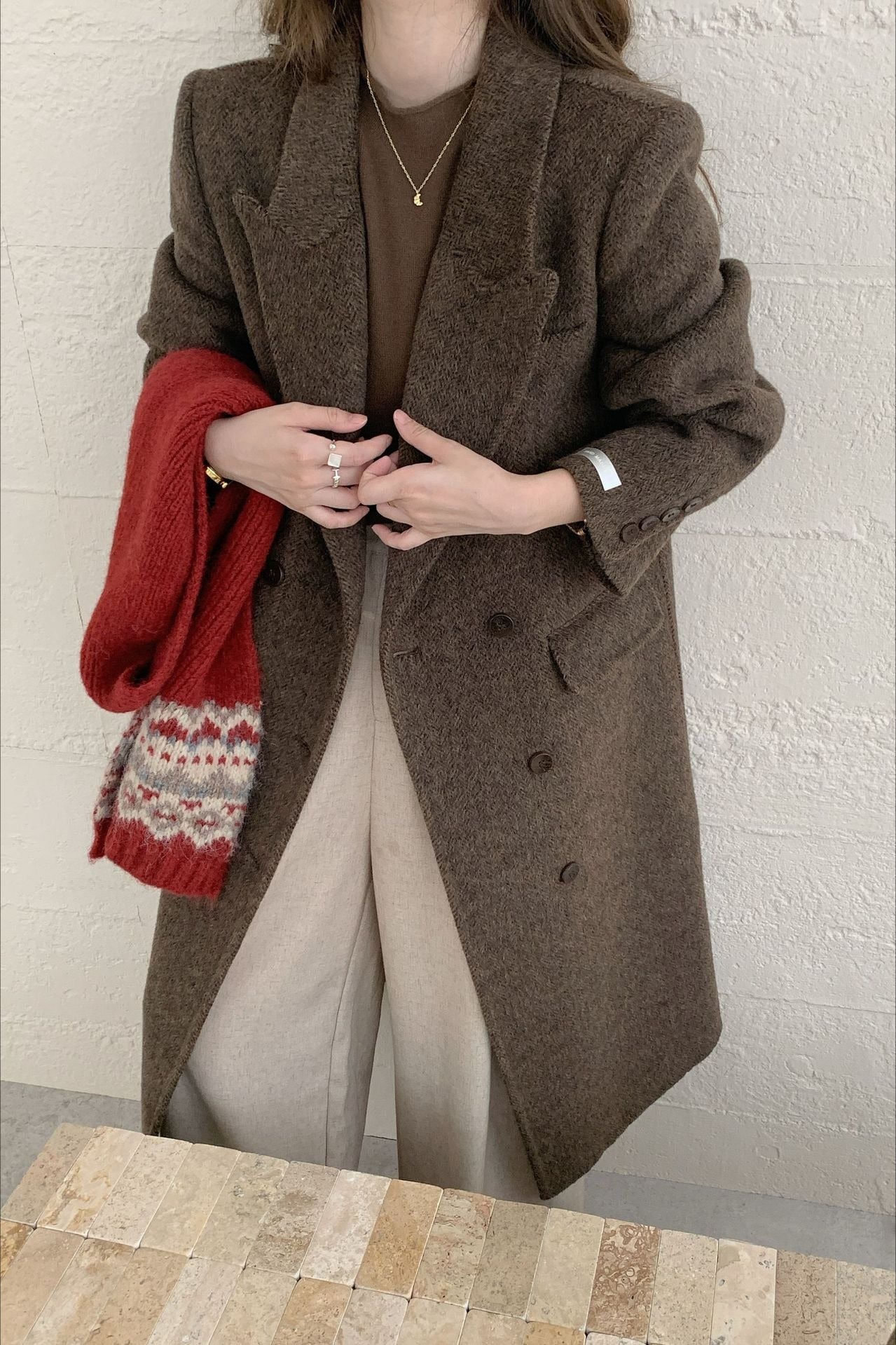 Double-Faced Wool Long Overcoat with Notched Lapel Design