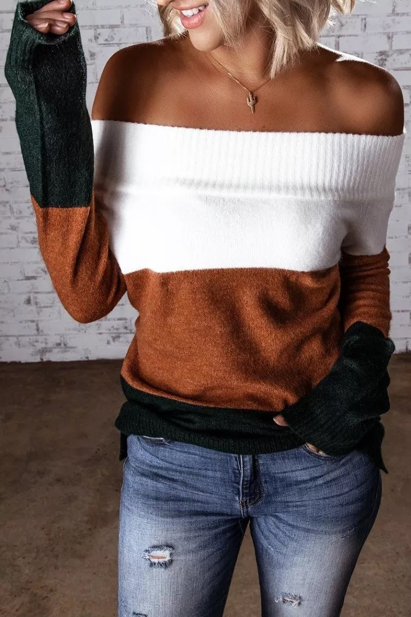 Dew Shoulder Striped Sweater  Fashionpara