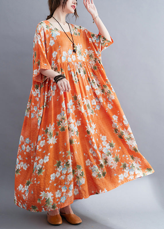 Floral Print Round Neck Elbow Sleeve Empire Waist Maxi Dress - View 2