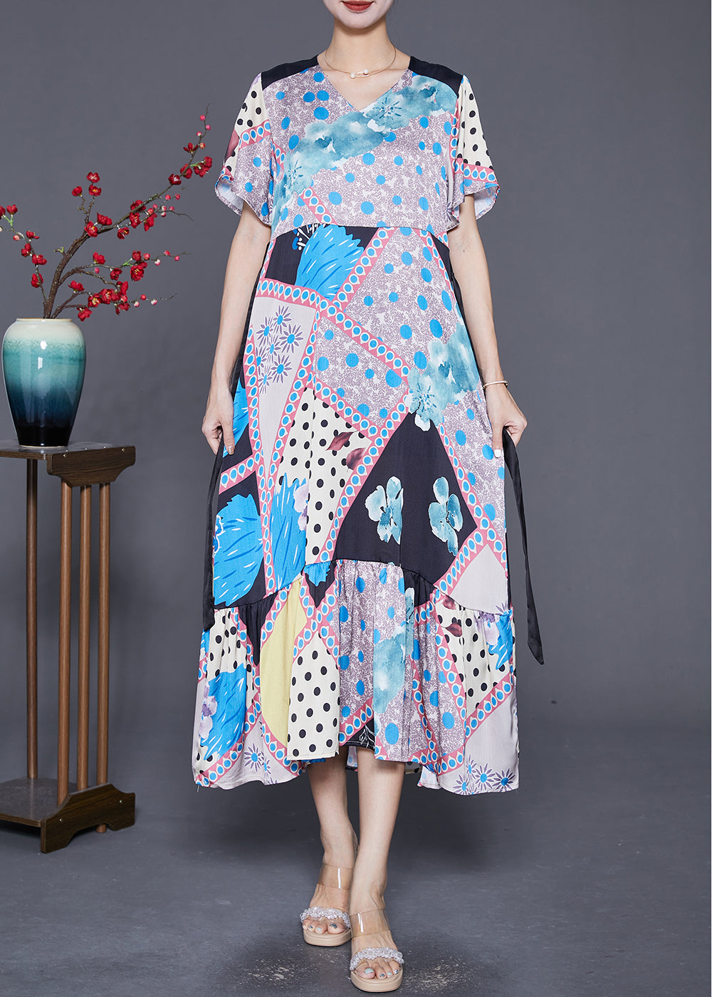 Patchwork Print V-Neck Short Sleeve Tie Ribbon Waist Midi Dress