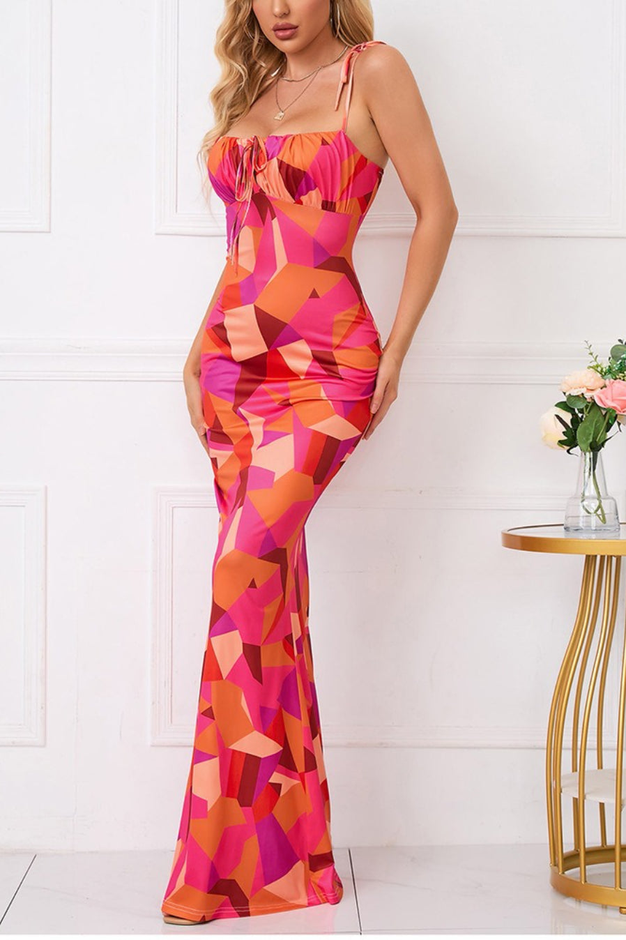 Floral Print Tie-Front Ruched Bodycon Maxi Dress