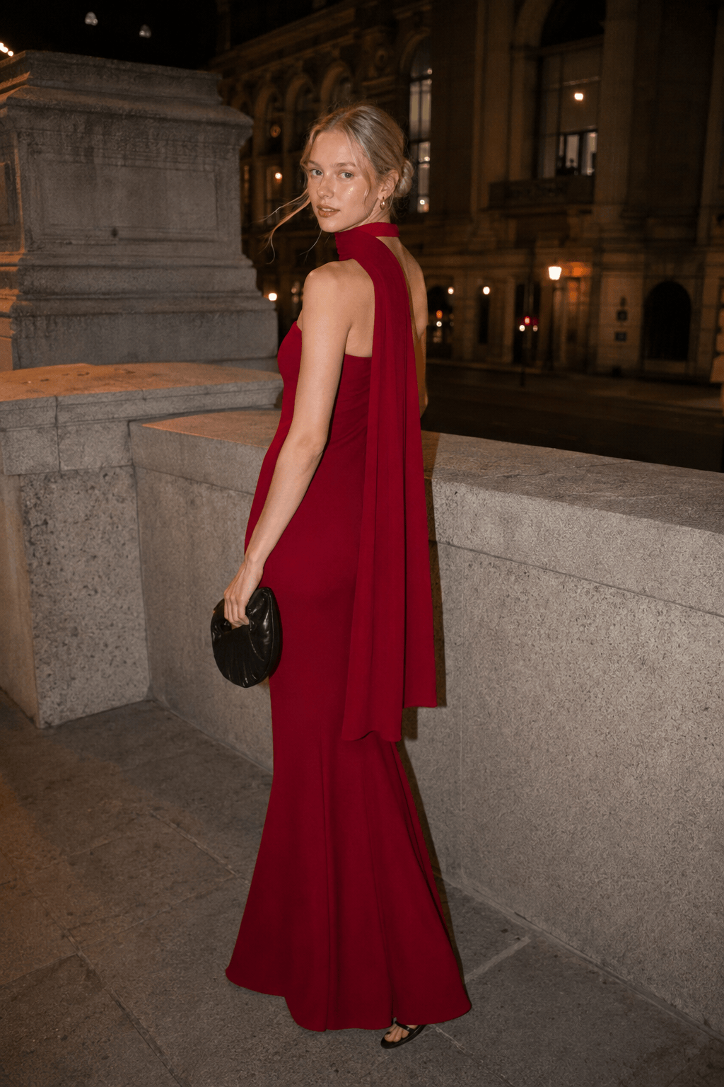 Textured Strapless Scarf-Neck Column Maxi Gown