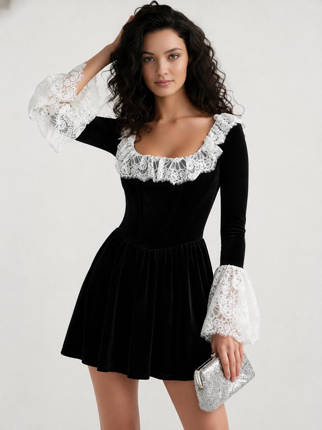 Velvet Scoop Neck Long Sleeve Lace Trim Fit & Flare Mini Dress