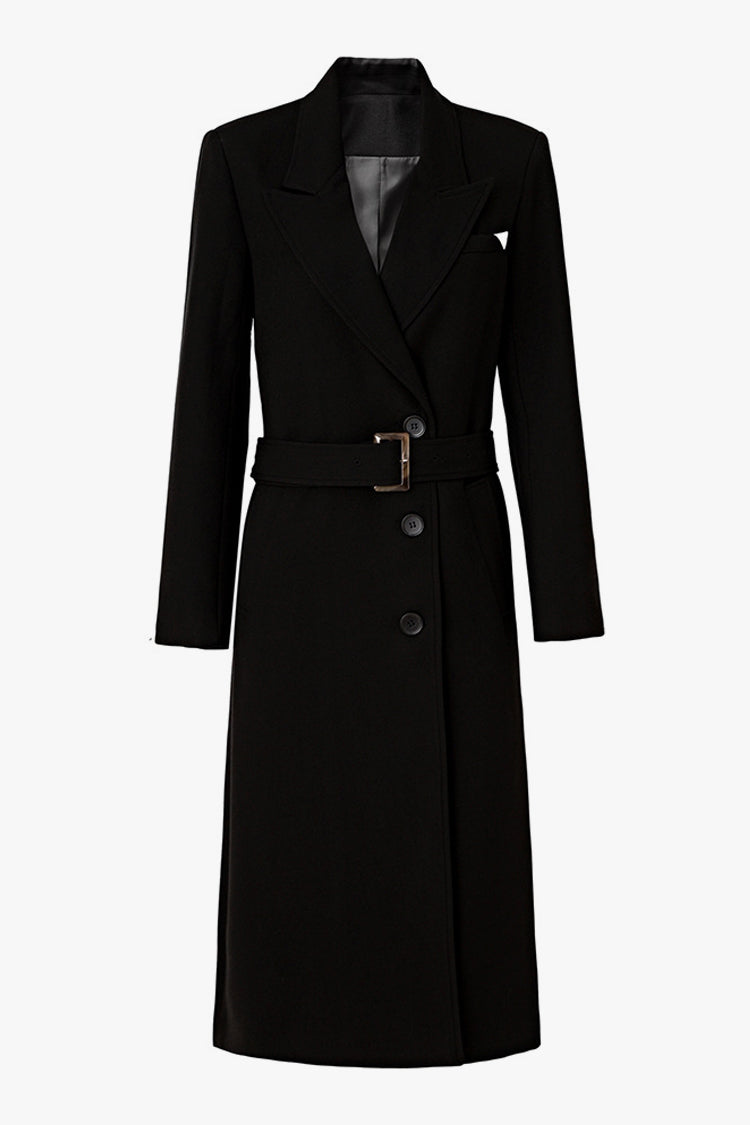 Elegant Wool Blend Belted Overcoat with Shoulder Pads