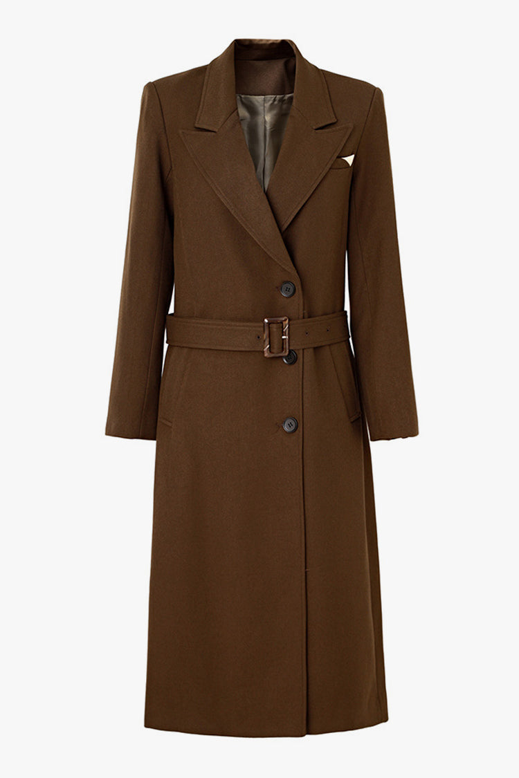 Elegant Wool Blend Belted Overcoat with Shoulder Pads