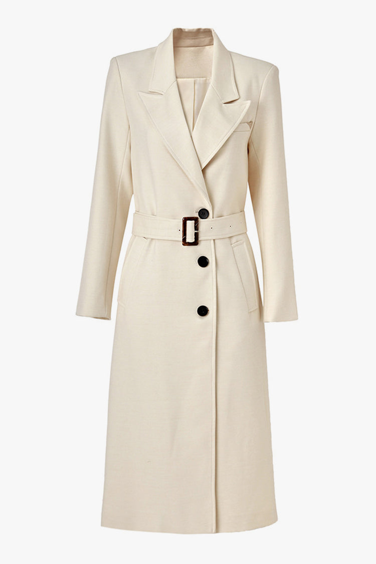 Elegant Wool Blend Belted Overcoat with Shoulder Pads