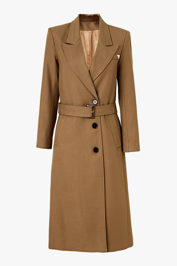 Elegant Wool Blend Belted Overcoat with Shoulder Pads
