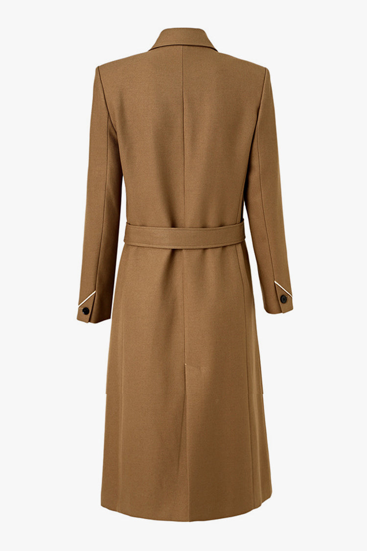 Elegant Wool Blend Belted Overcoat with Shoulder Pads
