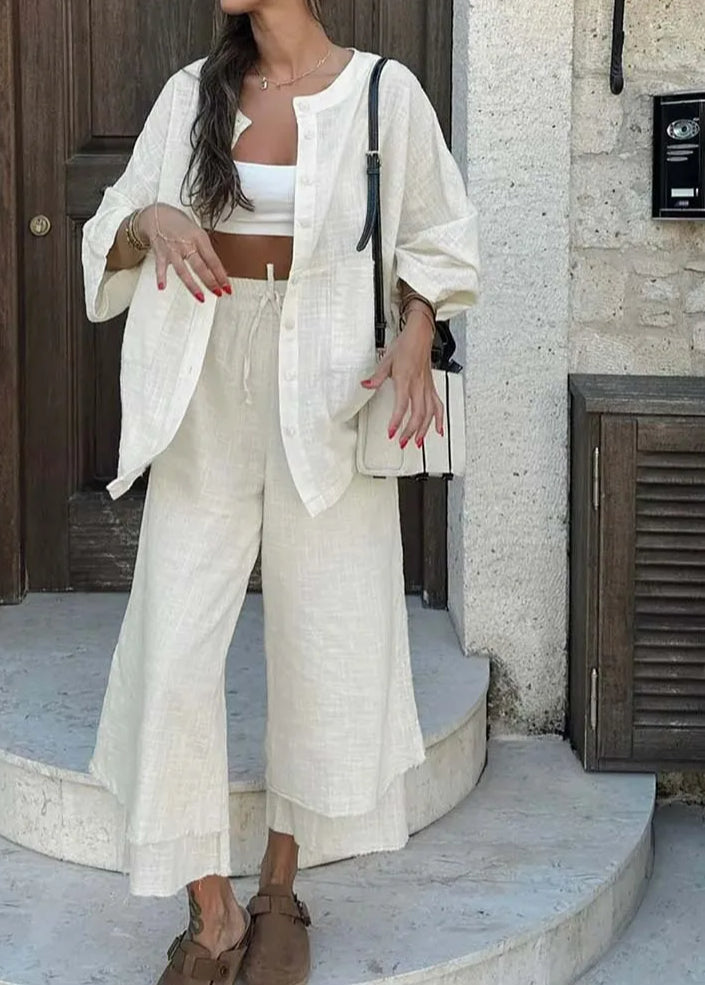 Apricot Cotton Drawstring Trousers Office Two Piece Set