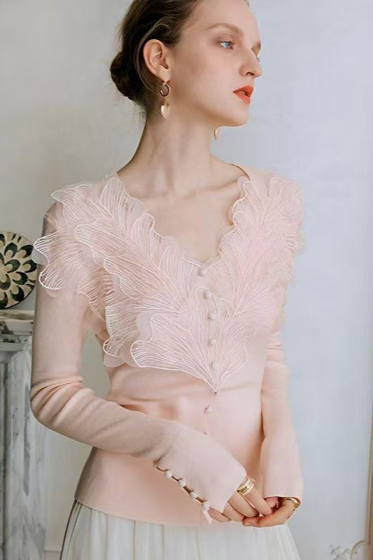 3D Floral Lace V-Neck Knit Top