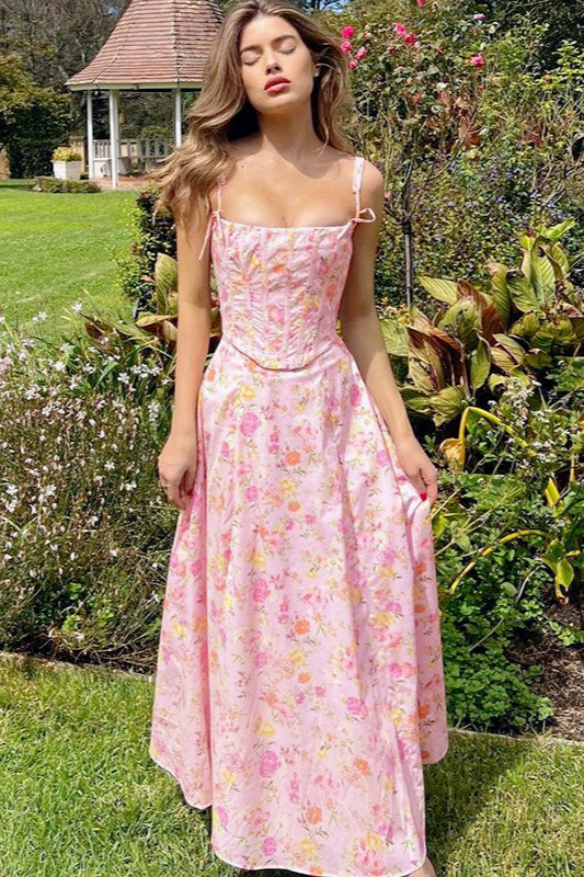 Floral Print Sweetheart Corset A-Line Maxi Dress