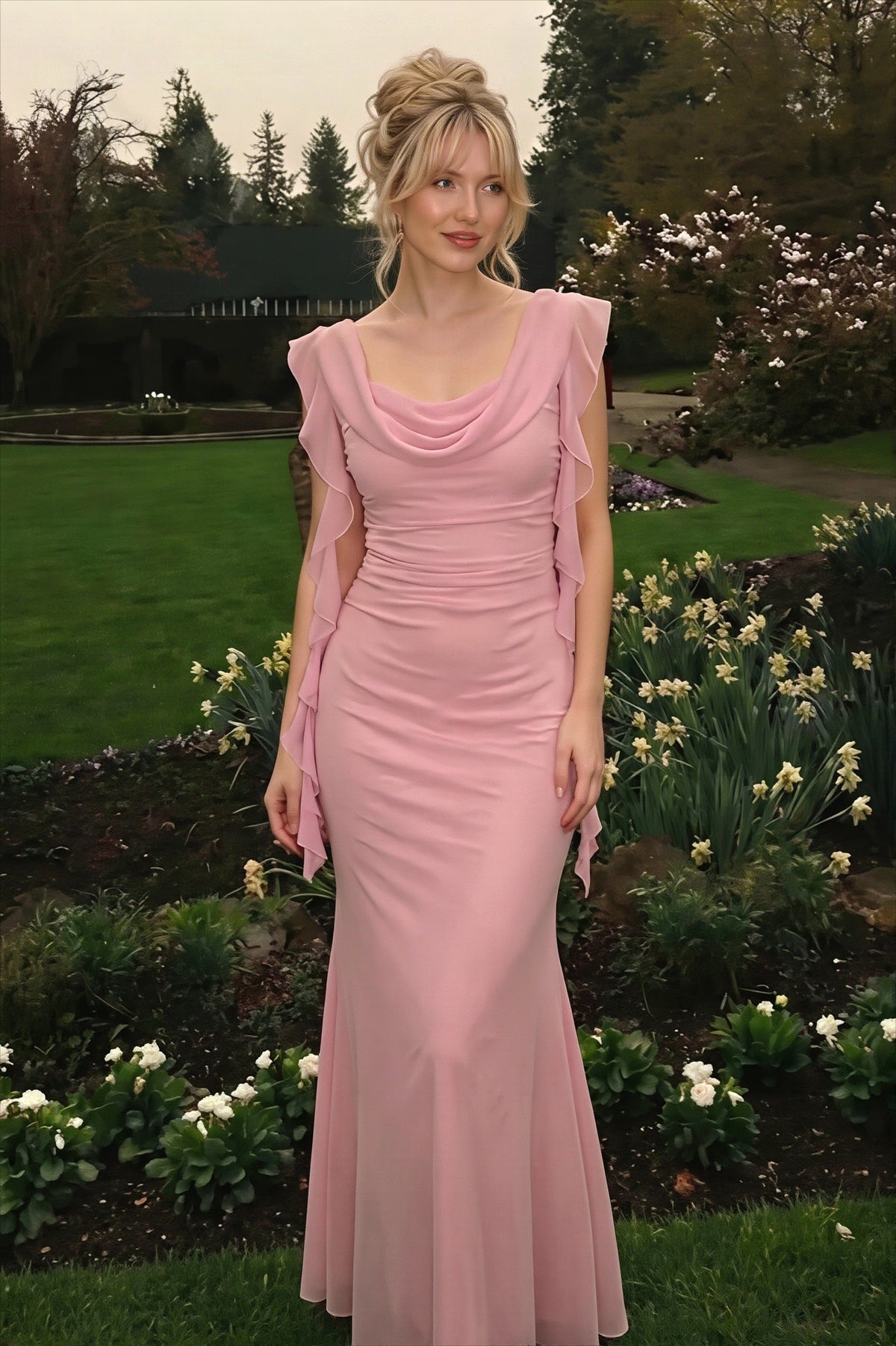 Chiffon Cowl Neck Ruffle Sleeve Mermaid Gown