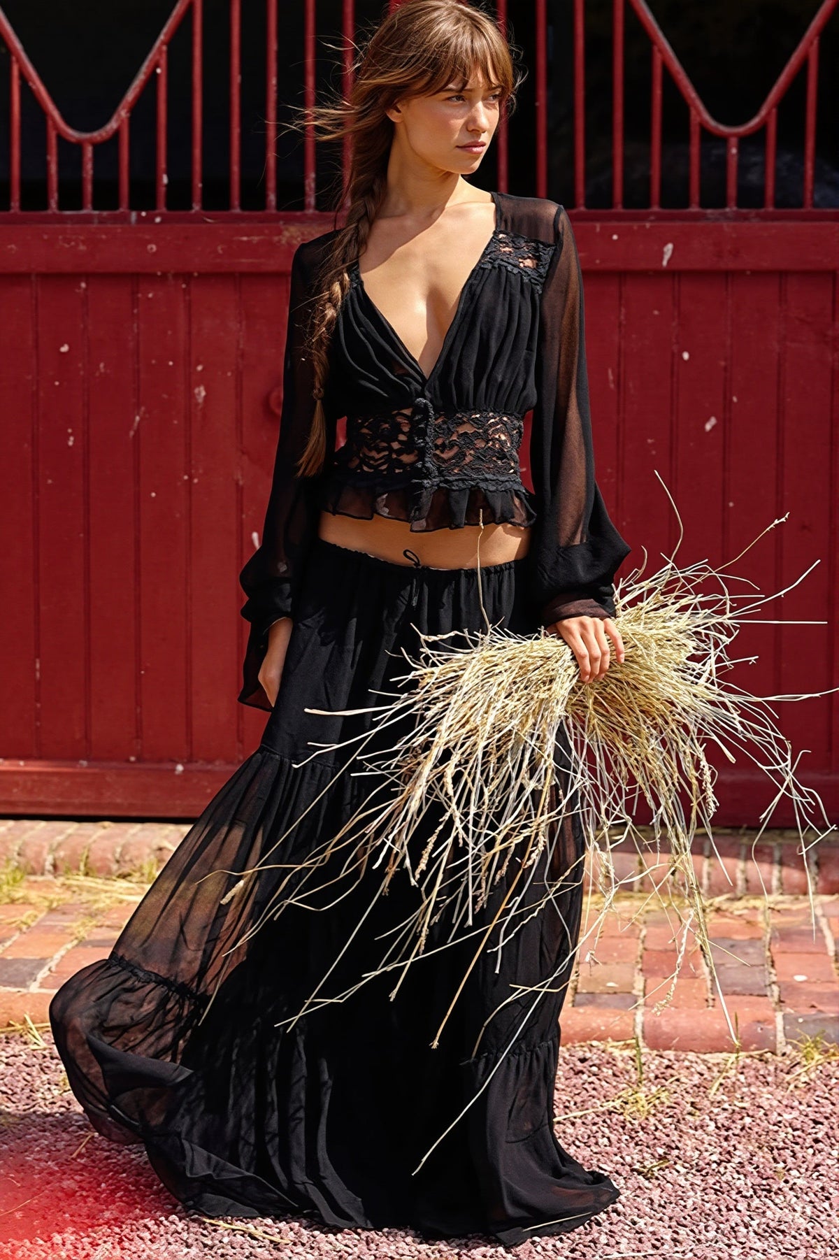 Sheer Long Sleeve Tiered Maxi Two Piece Set 2