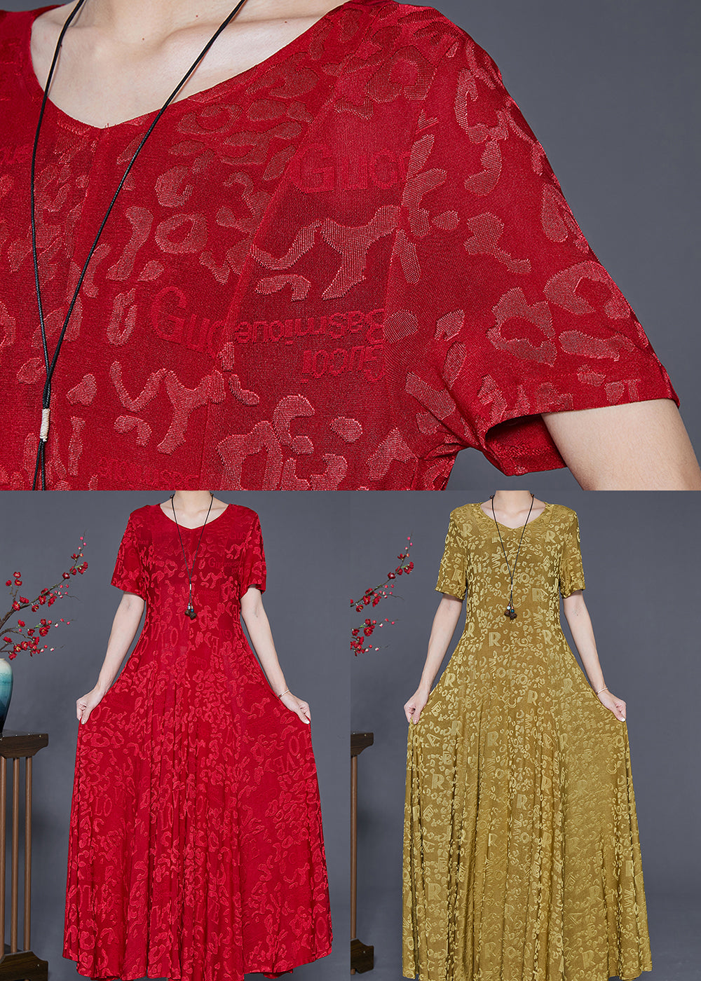 Jacquard Letter Print Scoop Neck Short Sleeve A-Line Maxi Dress - View 5