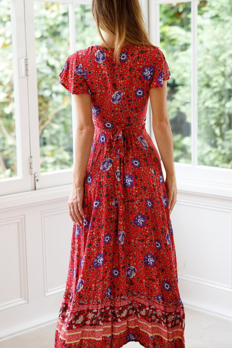 Floral Print V-Neck Flutter Sleeve Wrap Maxi Dress